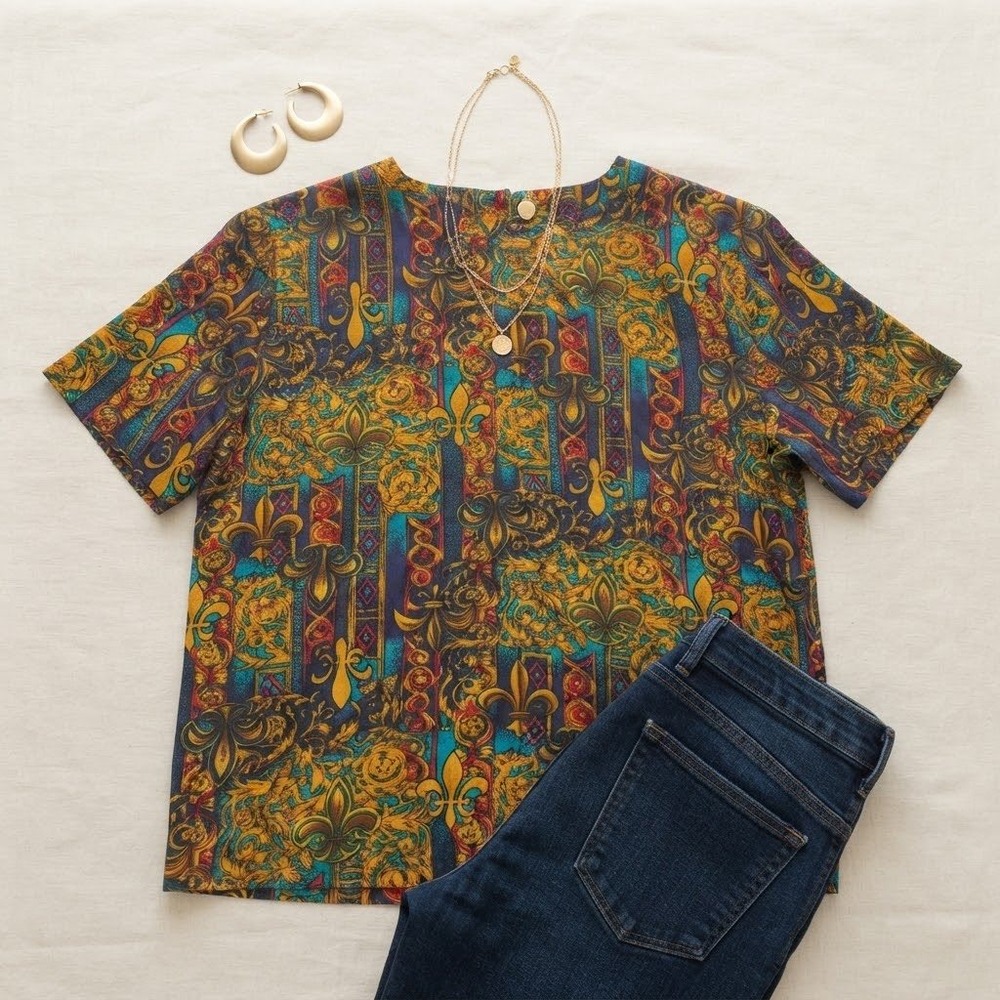 SK&Company Blouse Womens M Multicolor Silk Baroque Fleur De Lis Vintage 90s Chic